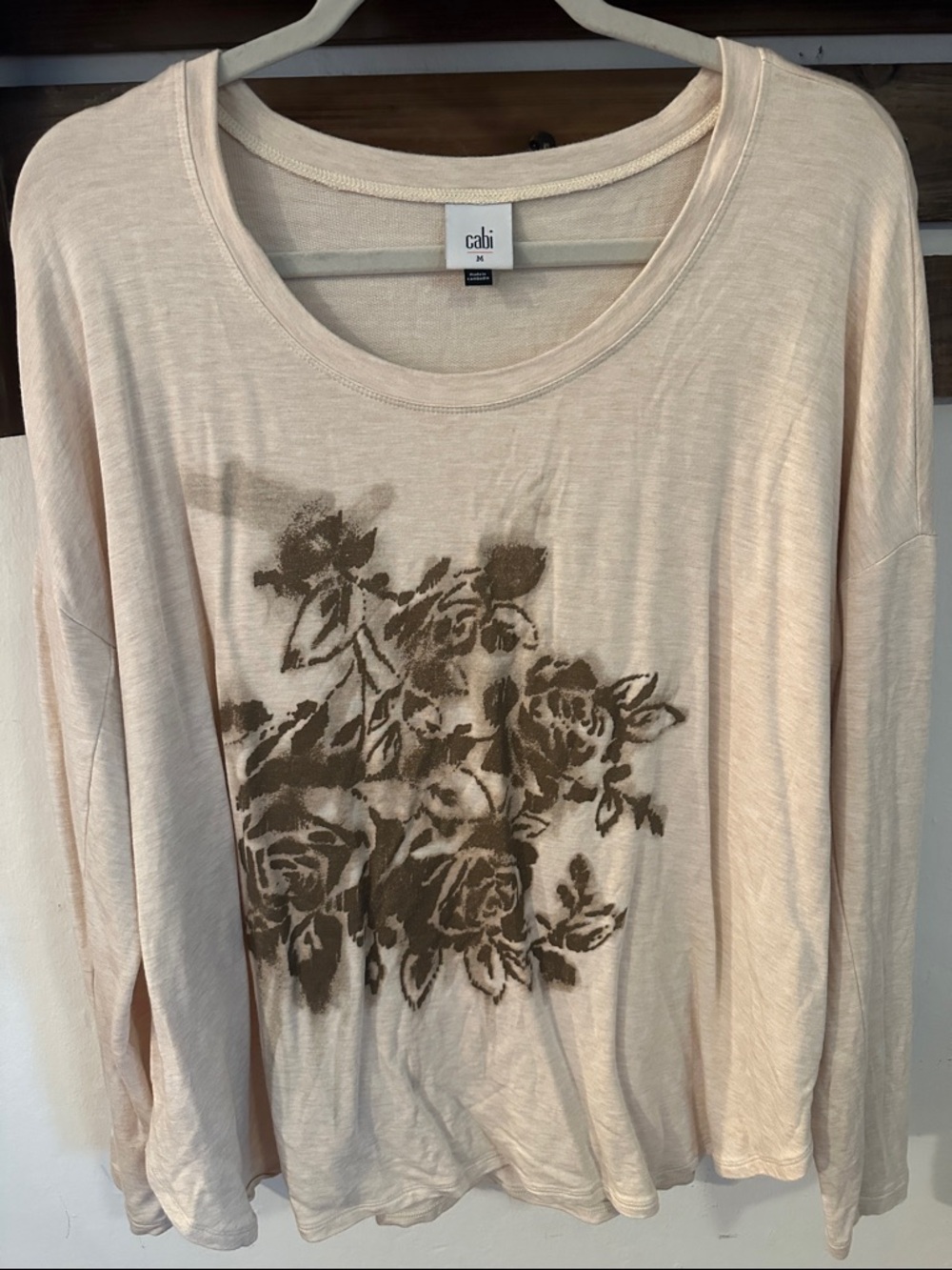 CAbi Cream Long-Sleeve Scoop Neck Top with Brown Floral Print